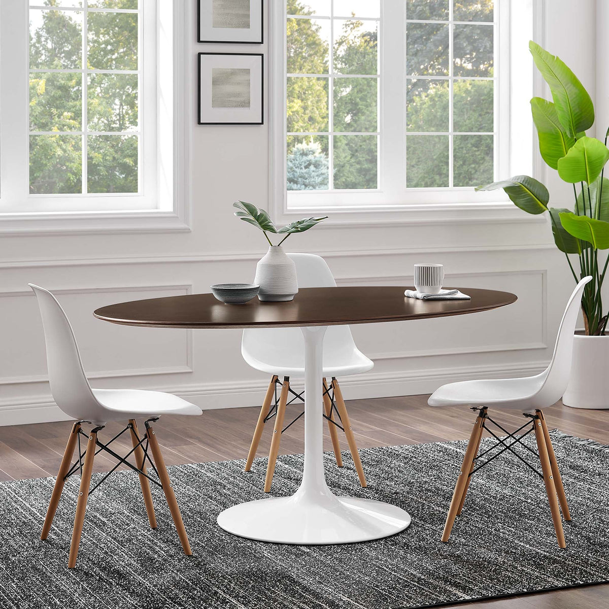 Lippa 60in oval cherry walnut wood dining table with tulip base, white chairs on Tampa Home & Garden Store