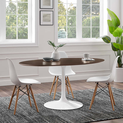 Lippa 60in oval cherry walnut wood dining table with tulip base, white chairs on Tampa Home & Garden Store