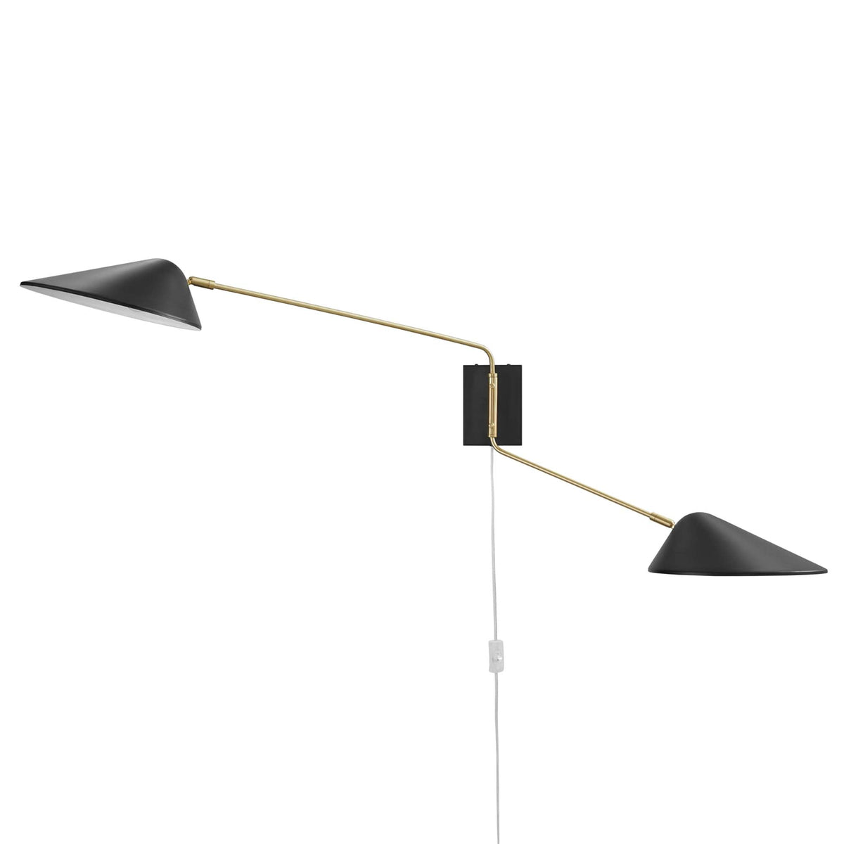 Journey 2-Light Swing Arm Wall Sconce with black conical shades and brass arms on Tampa Home & Garden Store