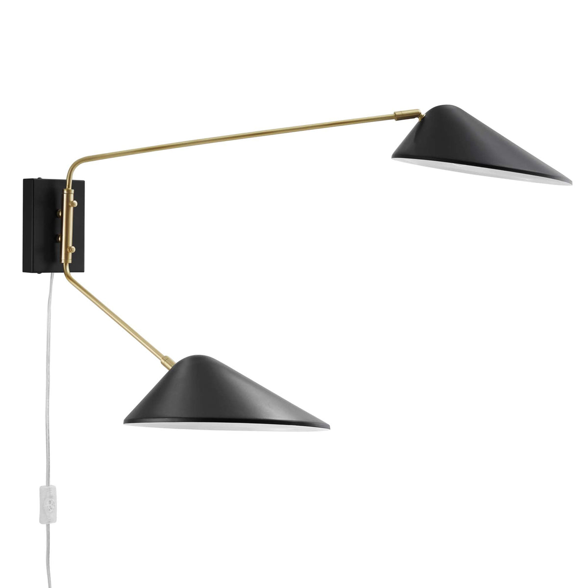 Journey 2-Light Swing Arm Wall Sconce with black conical shade and brass arm on wall plate on Tampa Home & Garden Store
