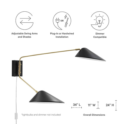 Journey 2-Light Swing Arm Wall Sconce with black shade and brass arm HouseOfZazla on Tampa Home & Garden Store