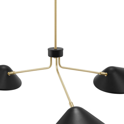 Journey 3-Light 14in Arm Pendant with brass arms and black shades modern chandelier on Tampa Home & Garden Store