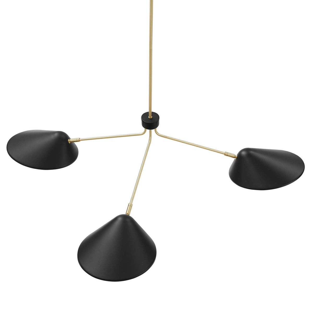 Journey 3-Light 14in Arm Pendant, gold metal arms with black shade cones on Tampa Home & Garden Store