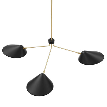 Journey 3-Light 14in Arm Pendant, gold metal arms with black shade cones on Tampa Home & Garden Store