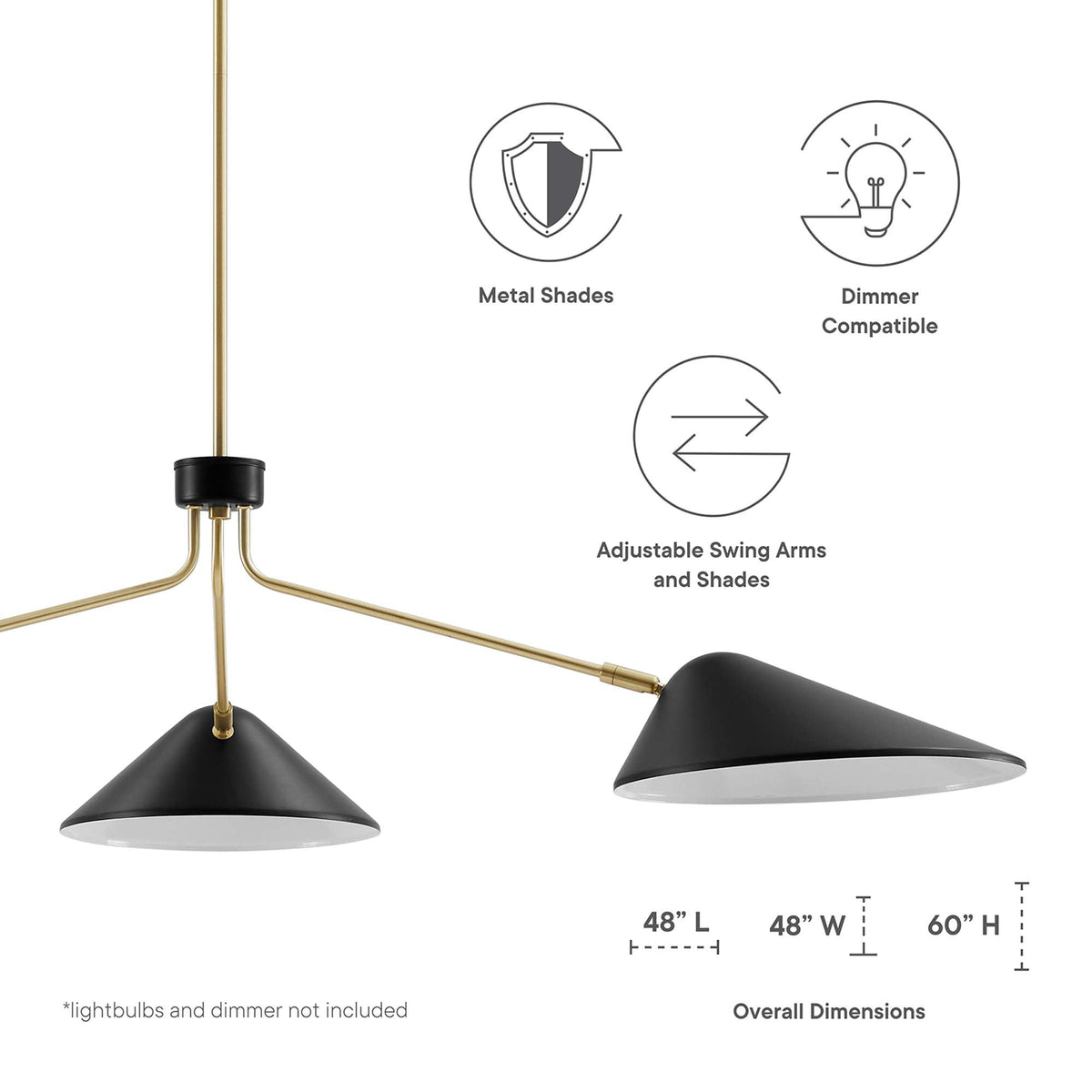 Journey 3-Light 14 inch Arm Pendant by Modway with brass finish arms and black shades on Tampa Home & Garden Store