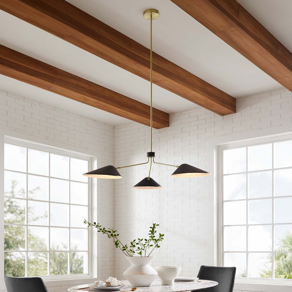 Journey 3-Light 14in arm pendant with brass finish and black shades on Tampa Home & Garden Store
