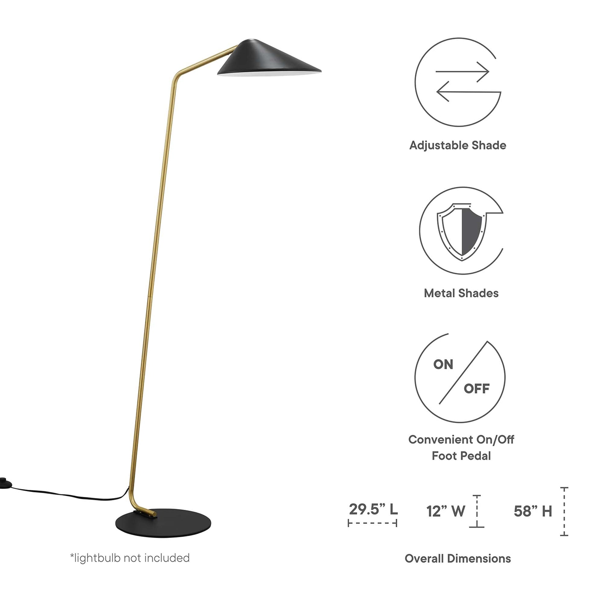 Journey Standing Floor Lamp with brass stem, black adjustable conical shade, round base on Tampa Home & Garden Store