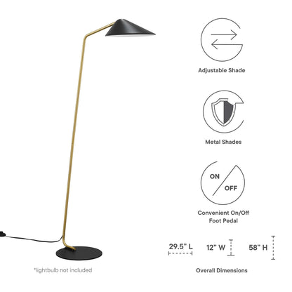 Journey Standing Floor Lamp with brass stem, black adjustable conical shade, round base on Tampa Home & Garden Store