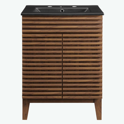 Render Bathroom Vanity by Modway, dark brown slatted wood cabinet with black countertop on Tampa Home & Garden Store