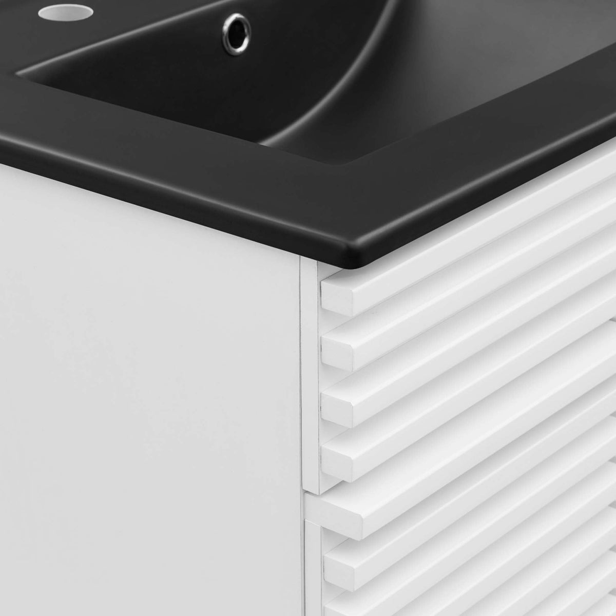 Render Bathroom Vanity by Modway with black countertop and white slatted cabinet drawers on Tampa Home & Garden Store