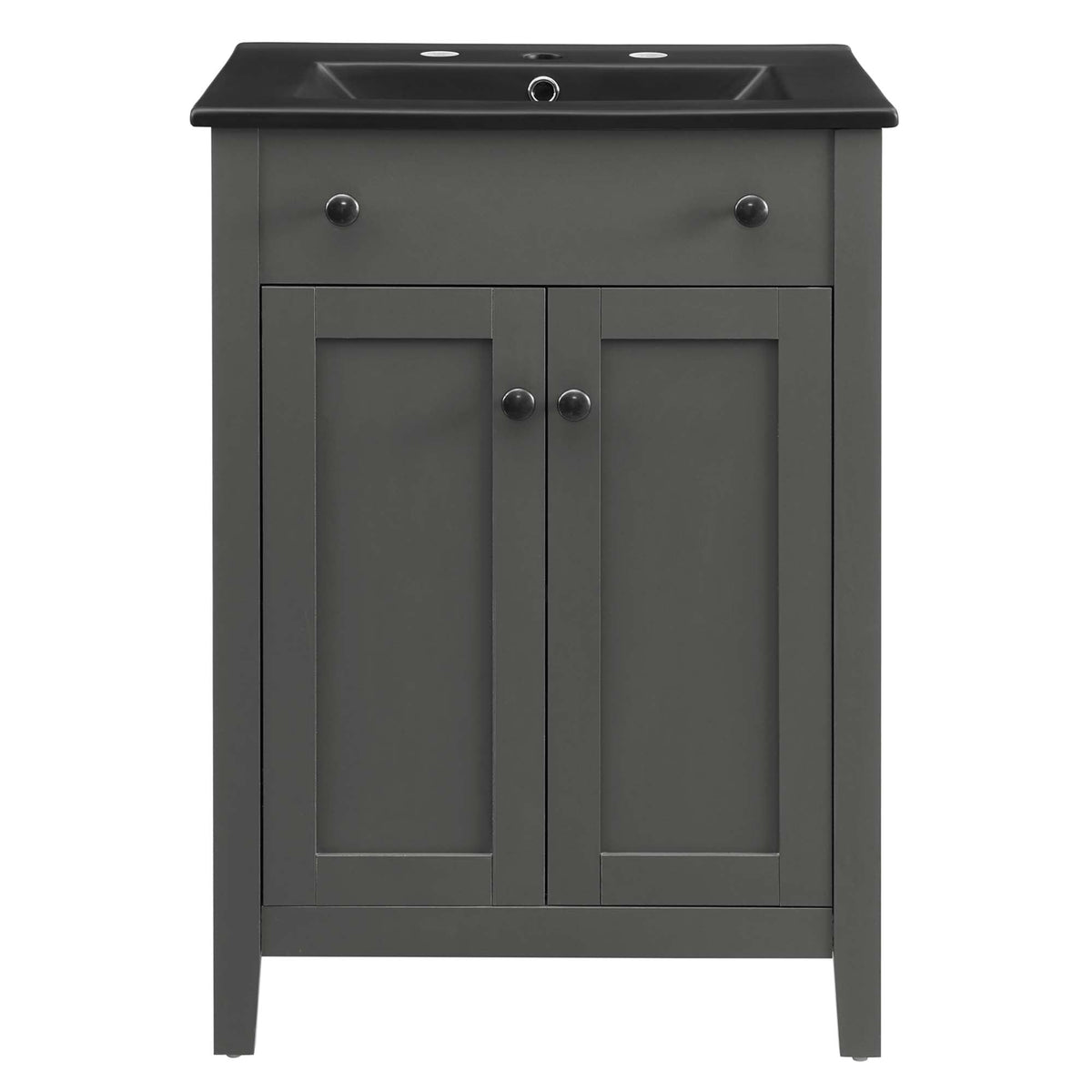 Nantucket bathroom vanity in dark gray with black countertop and metal knobs HouseOfZazla on Tampa Home & Garden Store