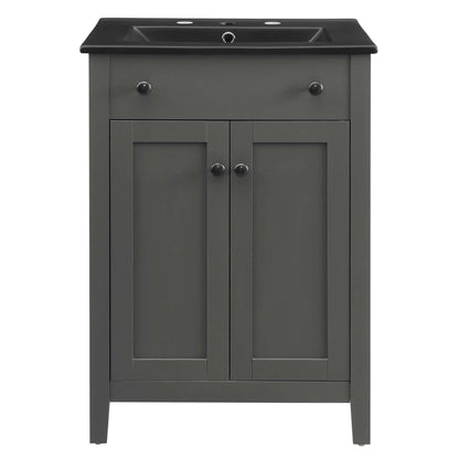 Nantucket bathroom vanity in dark gray with black countertop and metal knobs HouseOfZazla on Tampa Home & Garden Store