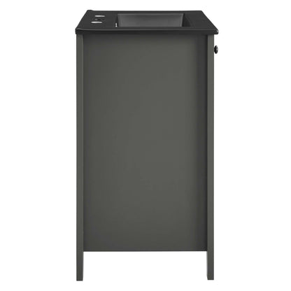 Nantucket bathroom vanity gray-green cabinet with black countertop and sink opening HouseOfZazla on Tampa Home & Garden Store