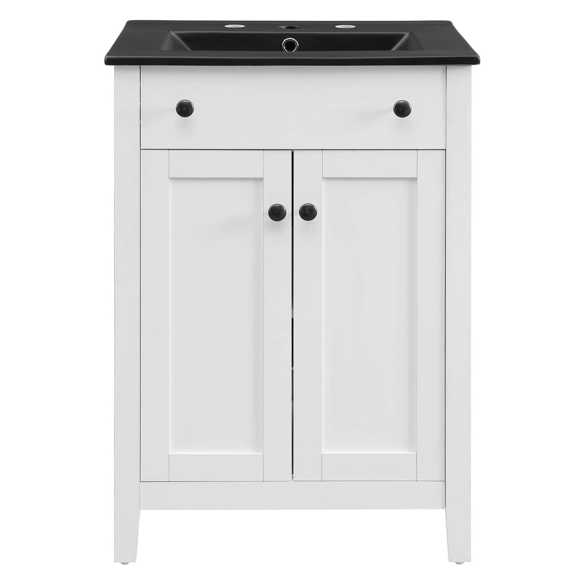 Nantucket bathroom vanity by Modway, white cabinet with black countertop and knob hardware on Tampa Home & Garden Store