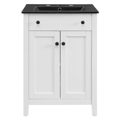 Nantucket bathroom vanity by Modway, white cabinet with black countertop and knob hardware on Tampa Home & Garden Store