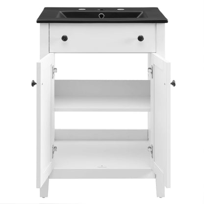 Nantucket bathroom vanity by HouseOfZazla with black countertop and white cabinet doors on Tampa Home & Garden Store