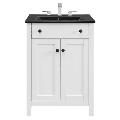 Nantucket bathroom vanity by Modway with black countertop, white cabinets, chrome fixtures on Tampa Home & Garden Store