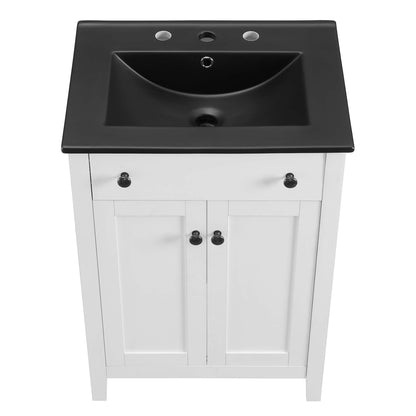 Nantucket bathroom vanity by Modway with black countertop white cabinet and two doors and a drawer on Tampa Home & Garden Store