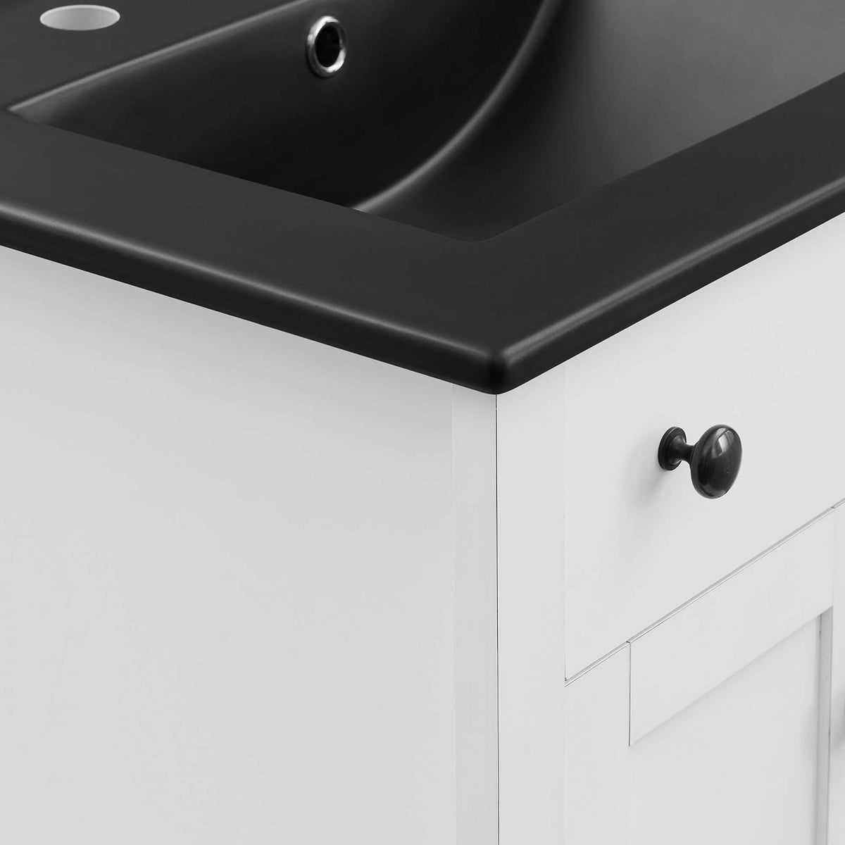 Nantucket Bathroom Vanity by Modway white base with black countertop and black drawer knobs on Tampa Home & Garden Store