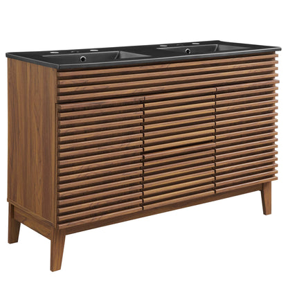Render Double Sink Bathroom Vanity by Modway, walnut slatted cabinet with black countertop on Tampa Home & Garden Store