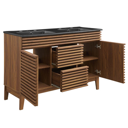 Render Double Sink Bathroom Vanity by Modway with dark countertop and slatted walnut cabinetry on Tampa Home & Garden Store
