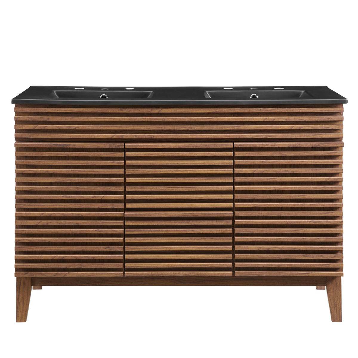Render Double Sink Bathroom Vanity with black countertop and wood slat base HouseOfZazla on Tampa Home & Garden Store