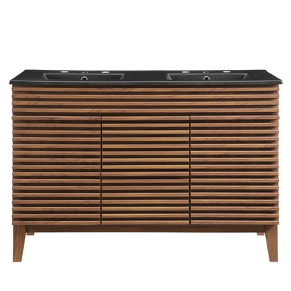 Render Double Sink Bathroom Vanity with black countertop and wood slat base HouseOfZazla on Tampa Home & Garden Store