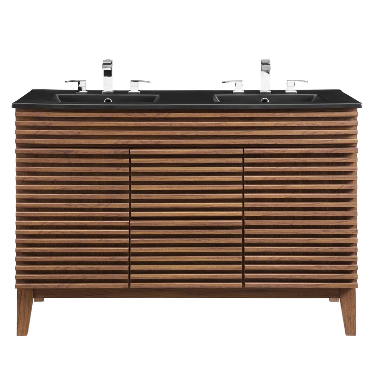 Double sink bathroom vanity by Modway with black countertop and chrome faucets on Tampa Home & Garden Store