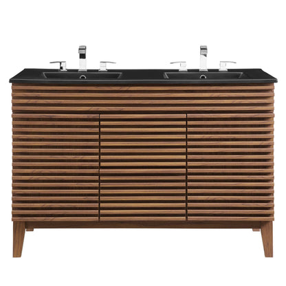 Double sink bathroom vanity by Modway with black countertop and chrome faucets on Tampa Home & Garden Store