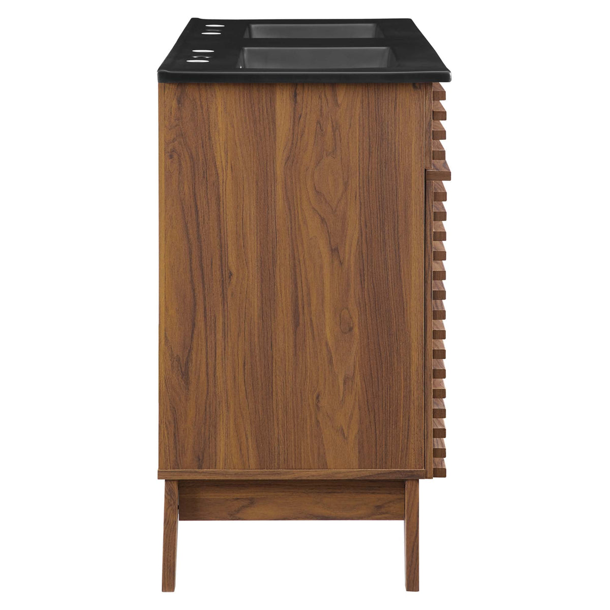 Render Double Sink Bathroom Vanity with black countertop and walnut wood base, modern design on Tampa Home & Garden Store