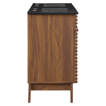 Render Double Sink Bathroom Vanity with black countertop and walnut wood base, modern design on Tampa Home & Garden Store