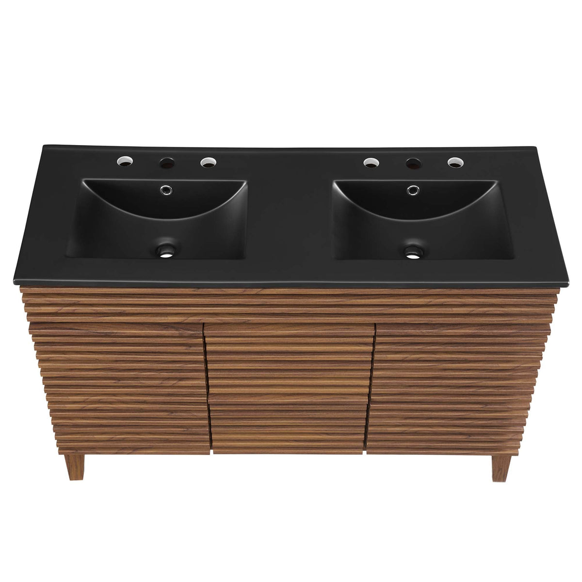Render Double Sink Vanity by Modway with black countertop and twin basins on wood slat base on Tampa Home & Garden Store