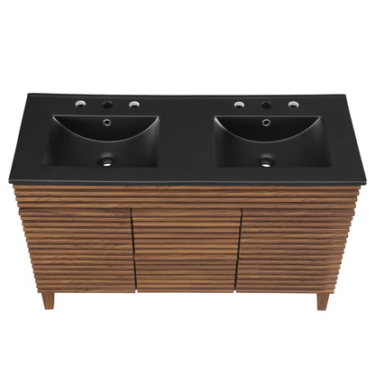 Render Double Sink Vanity by Modway with black countertop and twin basins on wood slat base on Tampa Home & Garden Store