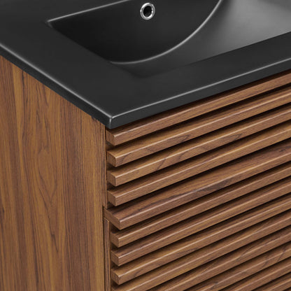 Render Double Sink Bathroom Vanity by Modway with dark matte sink and wood slatted cabinet on Tampa Home & Garden Store