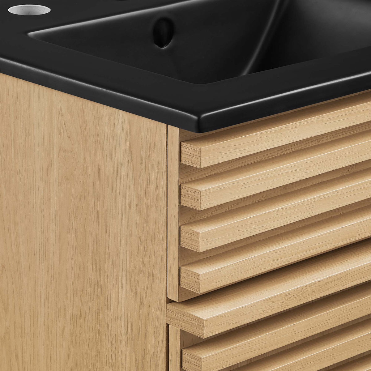 Render Bathroom Vanity by Modway with matte black counter atop oak drawers on Tampa Home & Garden Store
