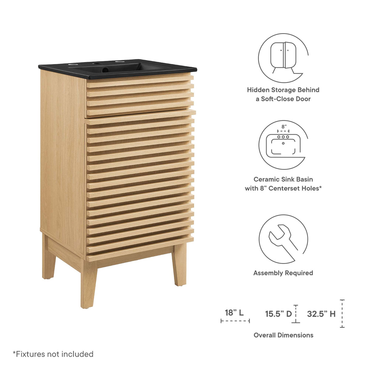 Render Bathroom Vanity by Modway with natural wood slats and black countertop sink on Tampa Home & Garden Store