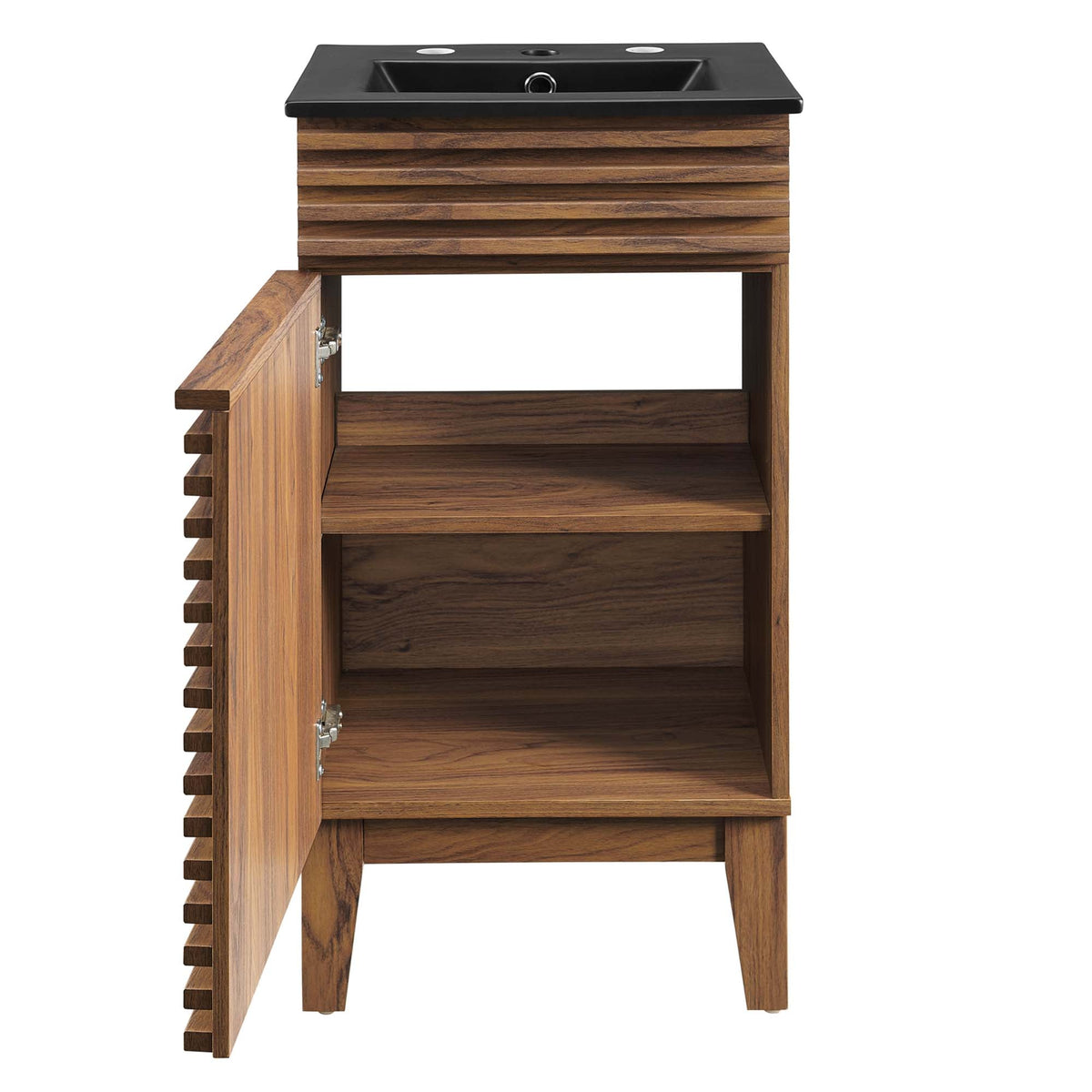 Render Bathroom Vanity by Modway, black countertop atop a warm wood slat cabinet on Tampa Home & Garden Store
