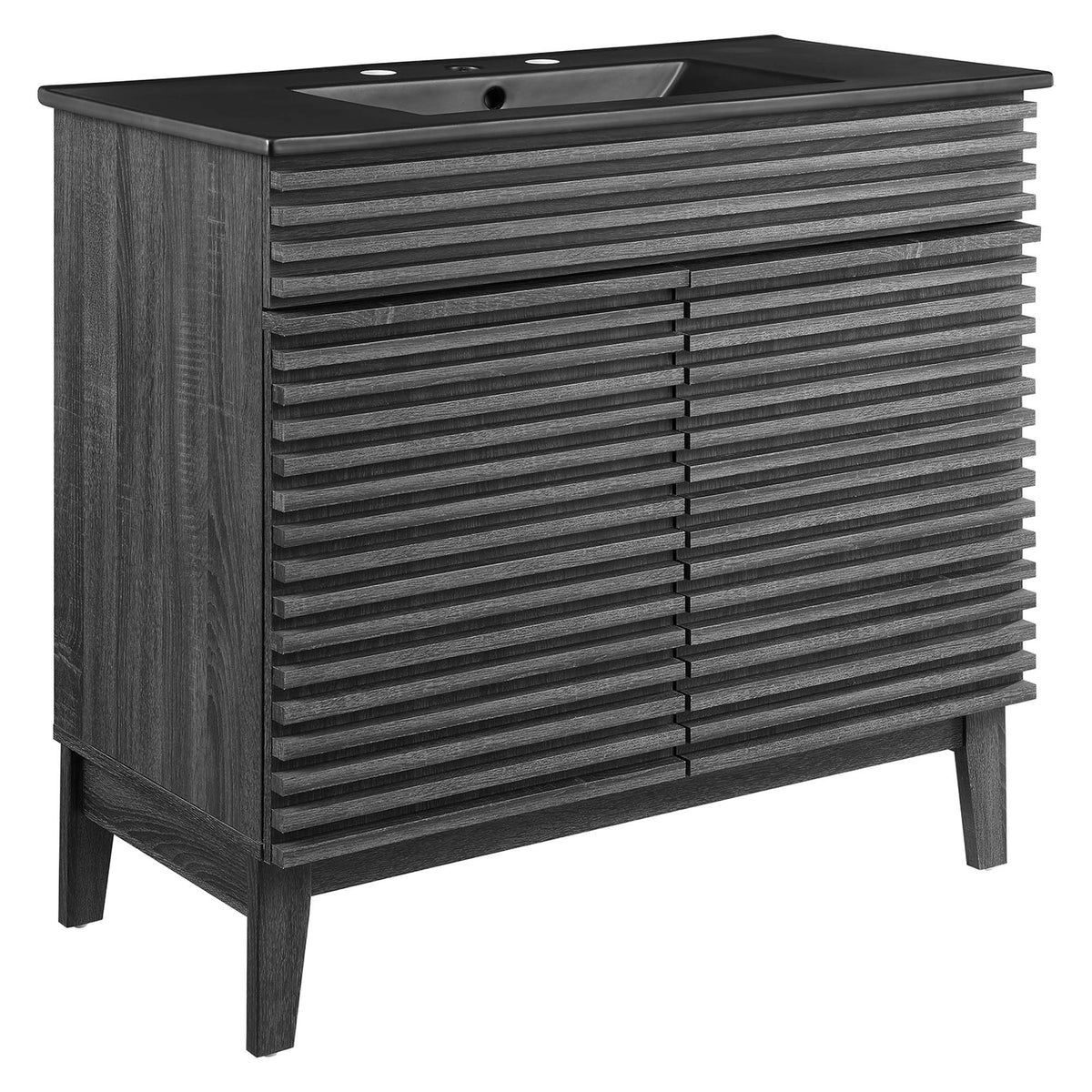 Render bathroom vanity by Modway with dark charcoal slatted cabinet and black countertop on Tampa Home & Garden Store