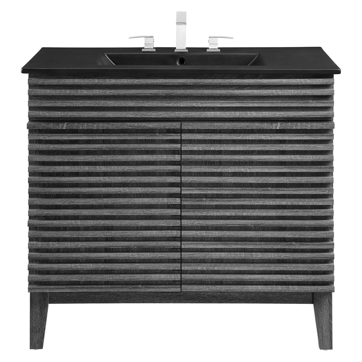 Render Bathroom Vanity Modway, black slatted cabinet with black countertop and chrome faucet on Tampa Home & Garden Store