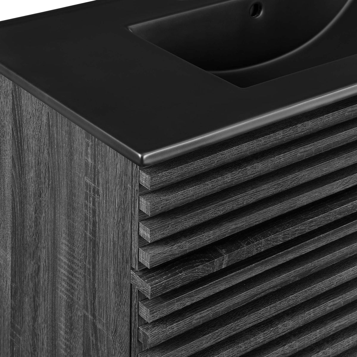 Render bathroom vanity by Modway in matte black with dark wood cabinet and slatted drawers on Tampa Home & Garden Store