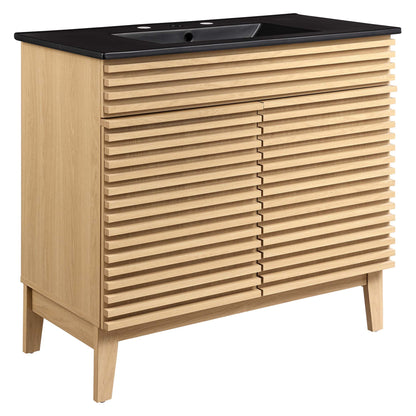 Render Bathroom Vanity by Modway light oak slatted-front cabinet with black countertop and sink on Tampa Home & Garden Store