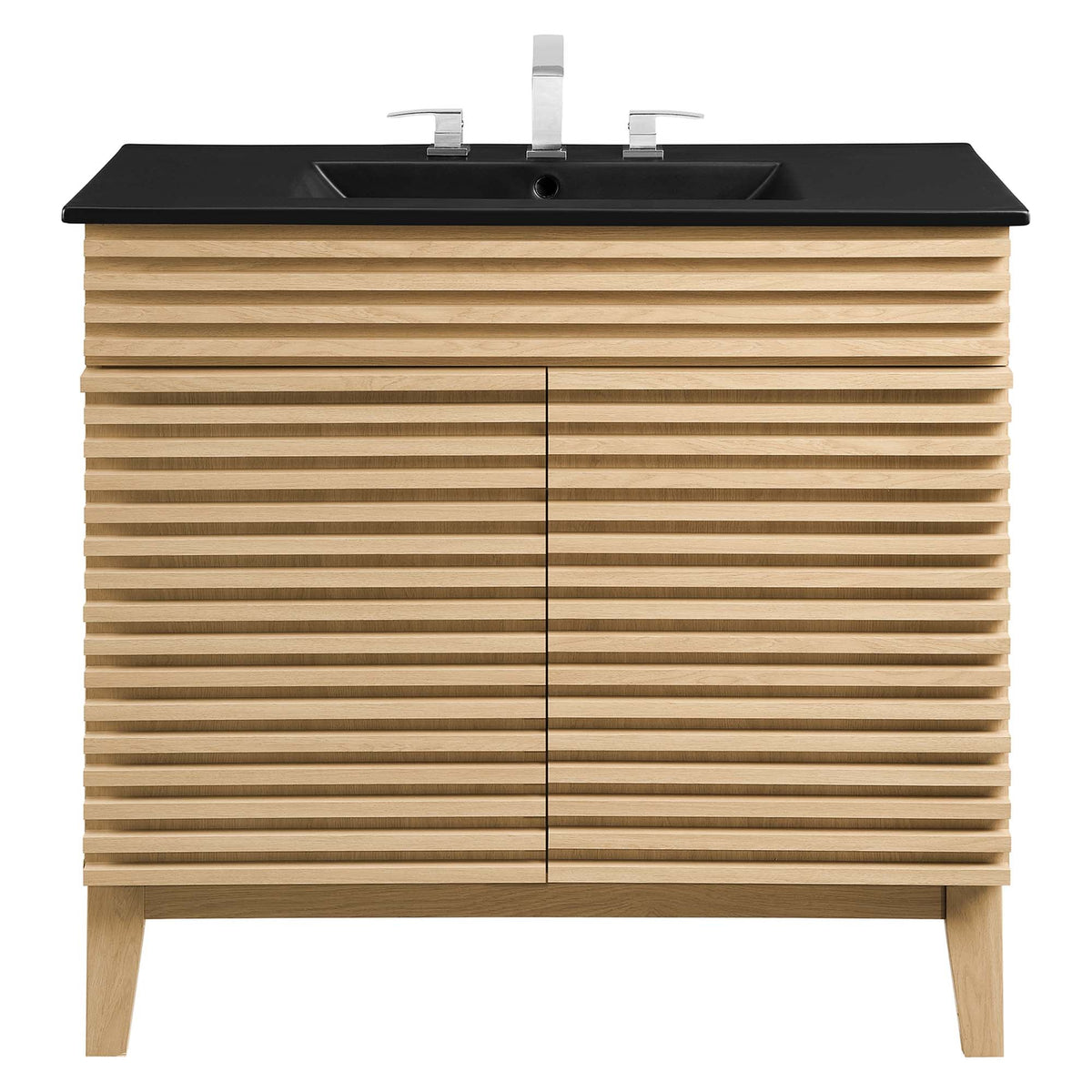 Render bathroom vanity by Modway, black countertop, wood slatted cabinet, HouseOfZazla on Tampa Home & Garden Store