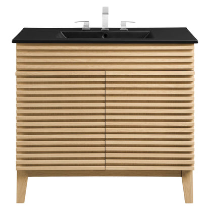 Render bathroom vanity by Modway, black countertop, wood slatted cabinet, HouseOfZazla on Tampa Home & Garden Store