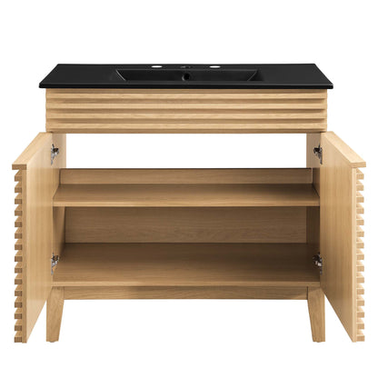 Render bathroom vanity by HouseOfZazla with black countertop and ribbed wood cabinet on Tampa Home & Garden Store