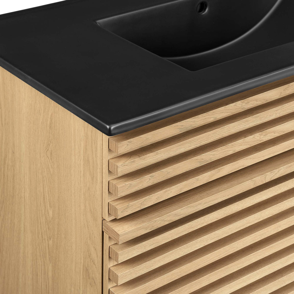 Render bathroom vanity by Modway with natural oak slatted drawers and black countertop on Tampa Home & Garden Store