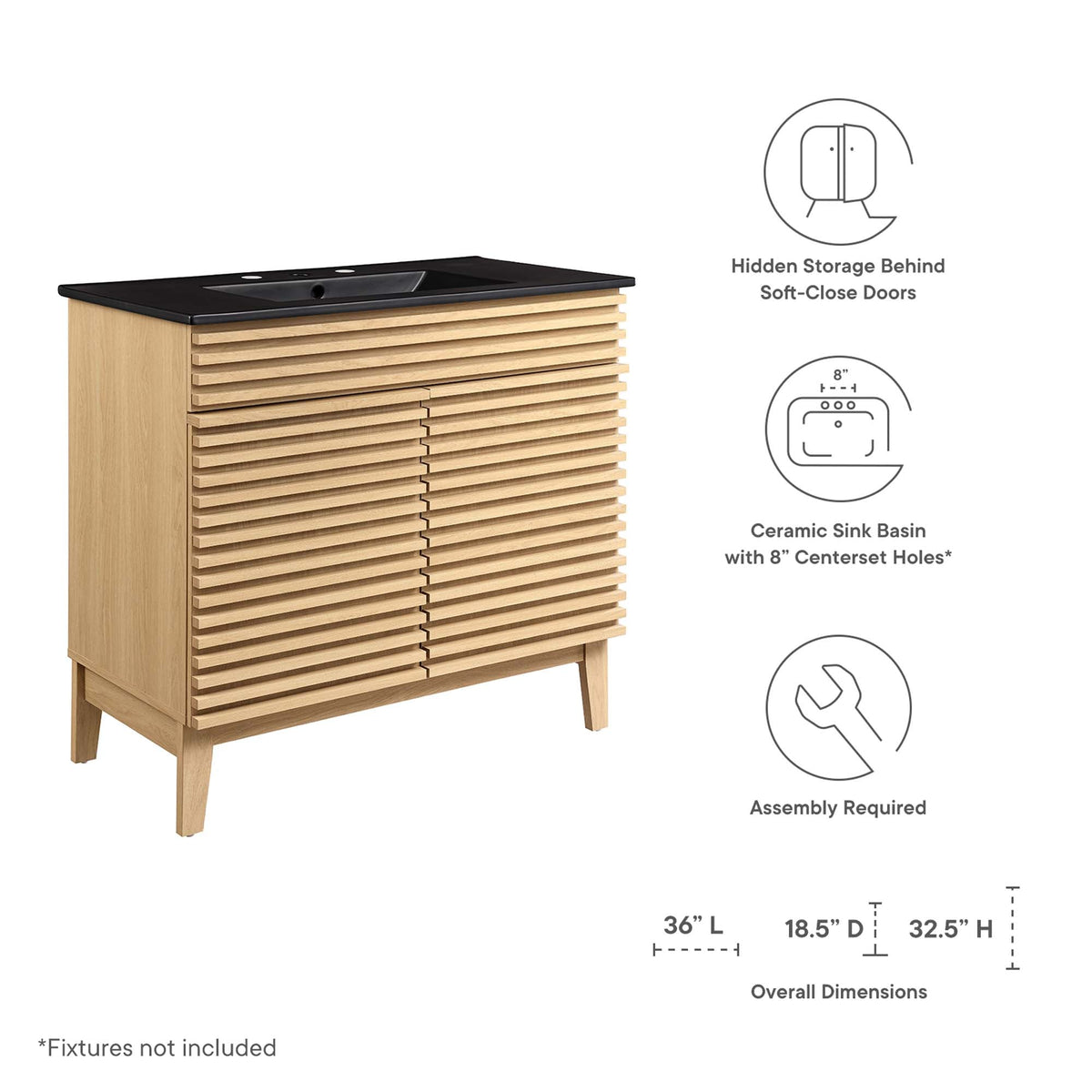 Render Bathroom Vanity by Modway, slatted oak cabinet with black countertop on Tampa Home & Garden Store