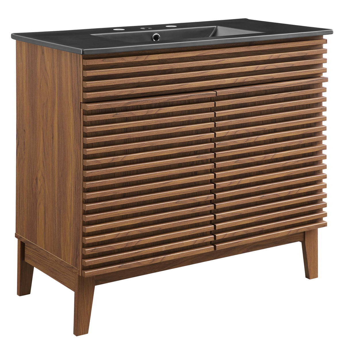 Render Bathroom Vanity by Modway, walnut wood cabinet with dark gray countertop, slatted front on Tampa Home & Garden Store