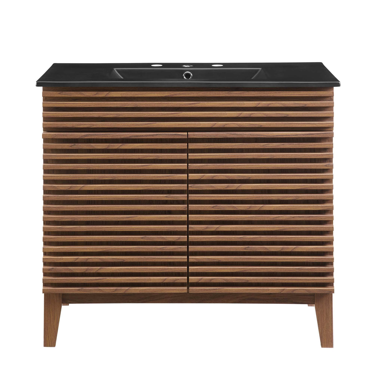Render bathroom vanity by Modway, black countertop atop a wood slatted vanity base on Tampa Home & Garden Store