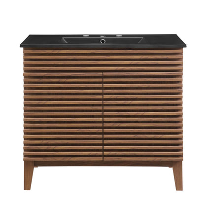 Render bathroom vanity by Modway, black countertop atop a wood slatted vanity base on Tampa Home & Garden Store