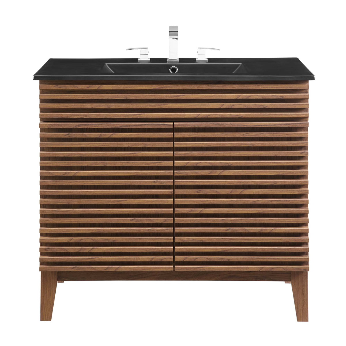 Bathroom vanity with black countertop chrome faucet and wooden slat cabinet by Modway on Tampa Home & Garden Store